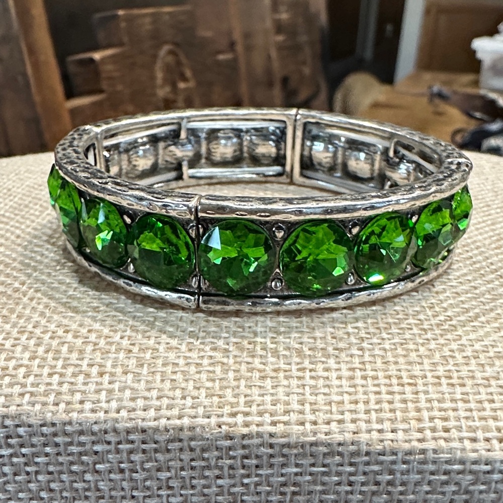 Emerald Green Crystal Stretch SilverTone Bracelet